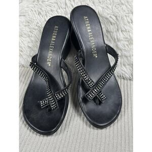 Athena Alexander Wedge Sandals Womens Size 8 Black Rhinestone Thong Heel Shoes